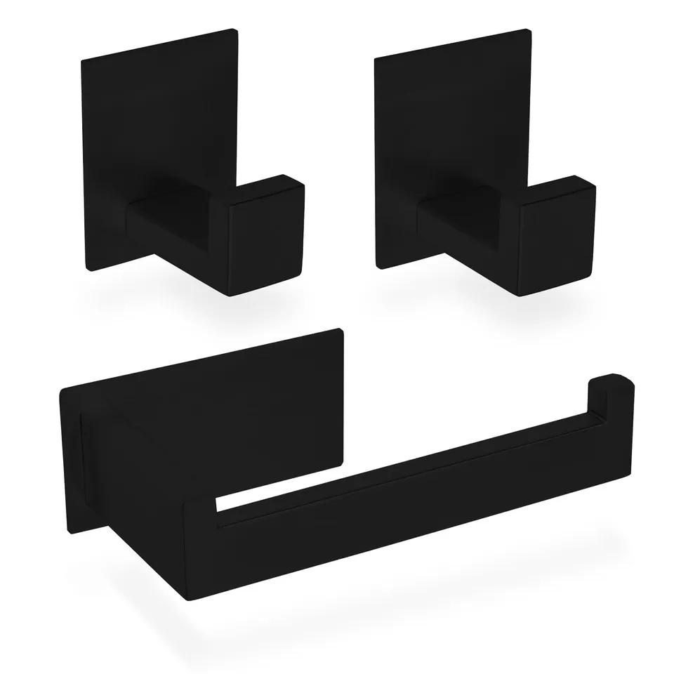 ECENCE Set Bagno Nero Portarotolo + 2 Ganci Adesivi