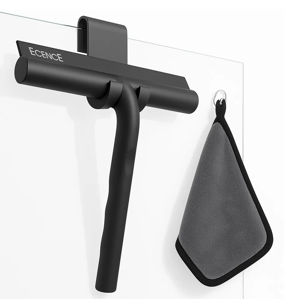 ECENCE Tergivetro Doccia Silicone Nero 21cm con Supporto e Panno