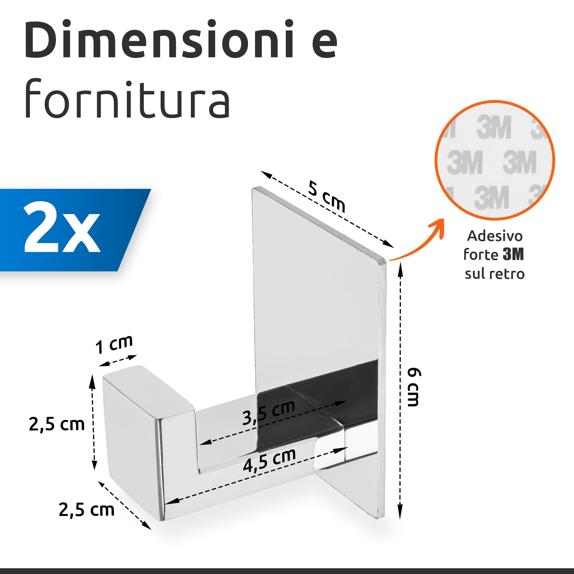 ECENCE Ganci Adesivi Acciaio Inox Cromo 2 Pezzi Antiruggine