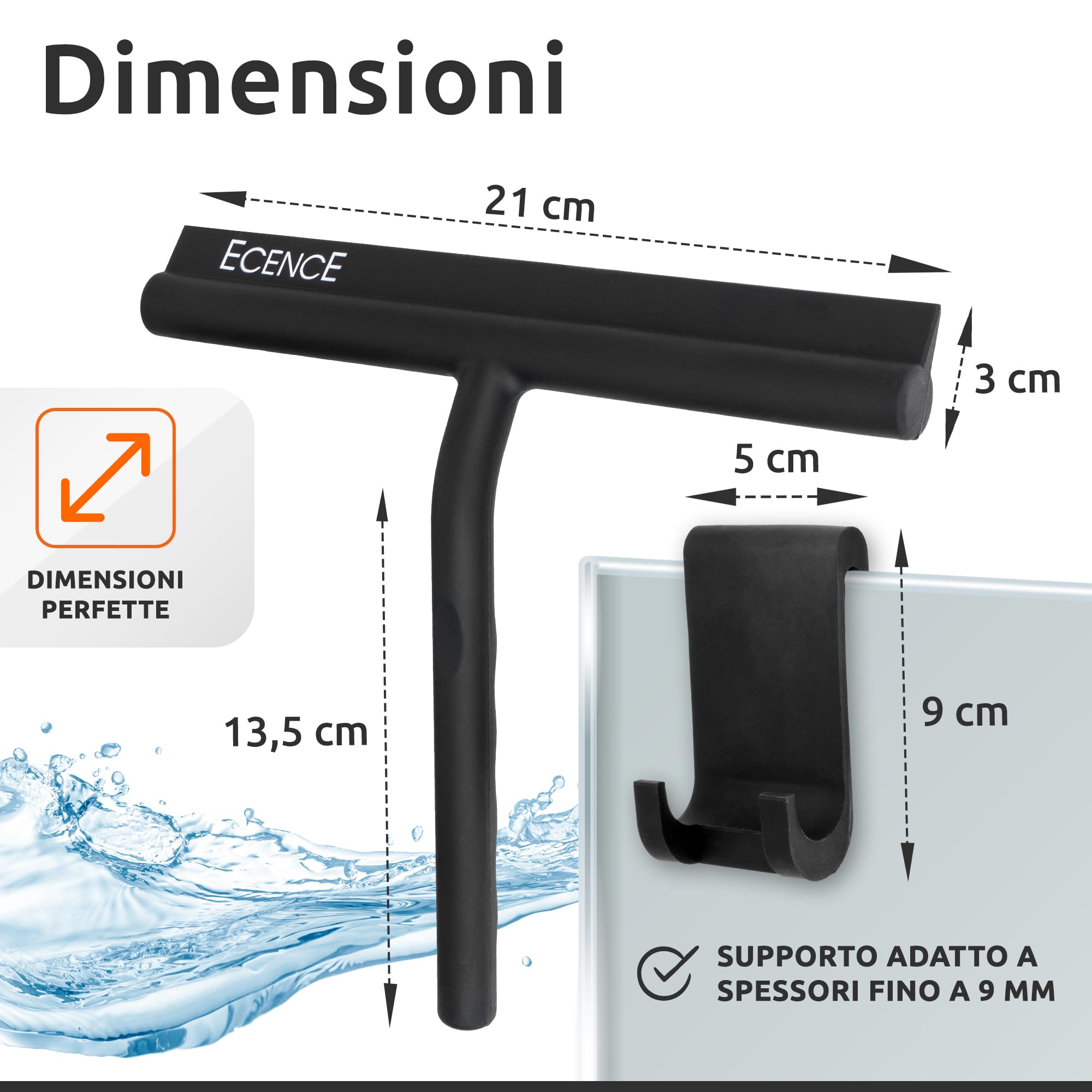 ECENCE Tergivetro Doccia Silicone Nero 21cm con Supporto e Panno