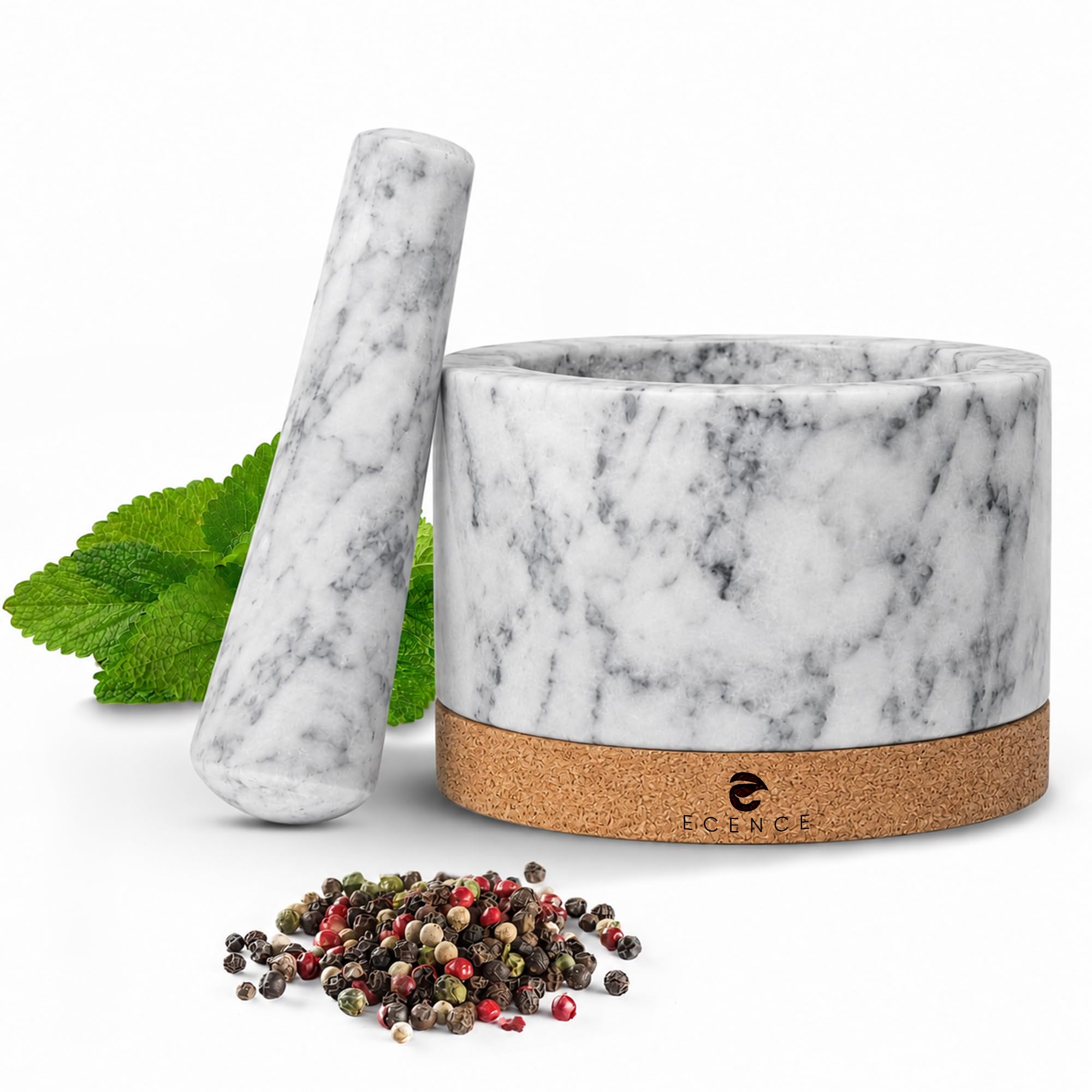 ECENCE Mortaio con Pestello Granito Ø11 cm con Base Legno
