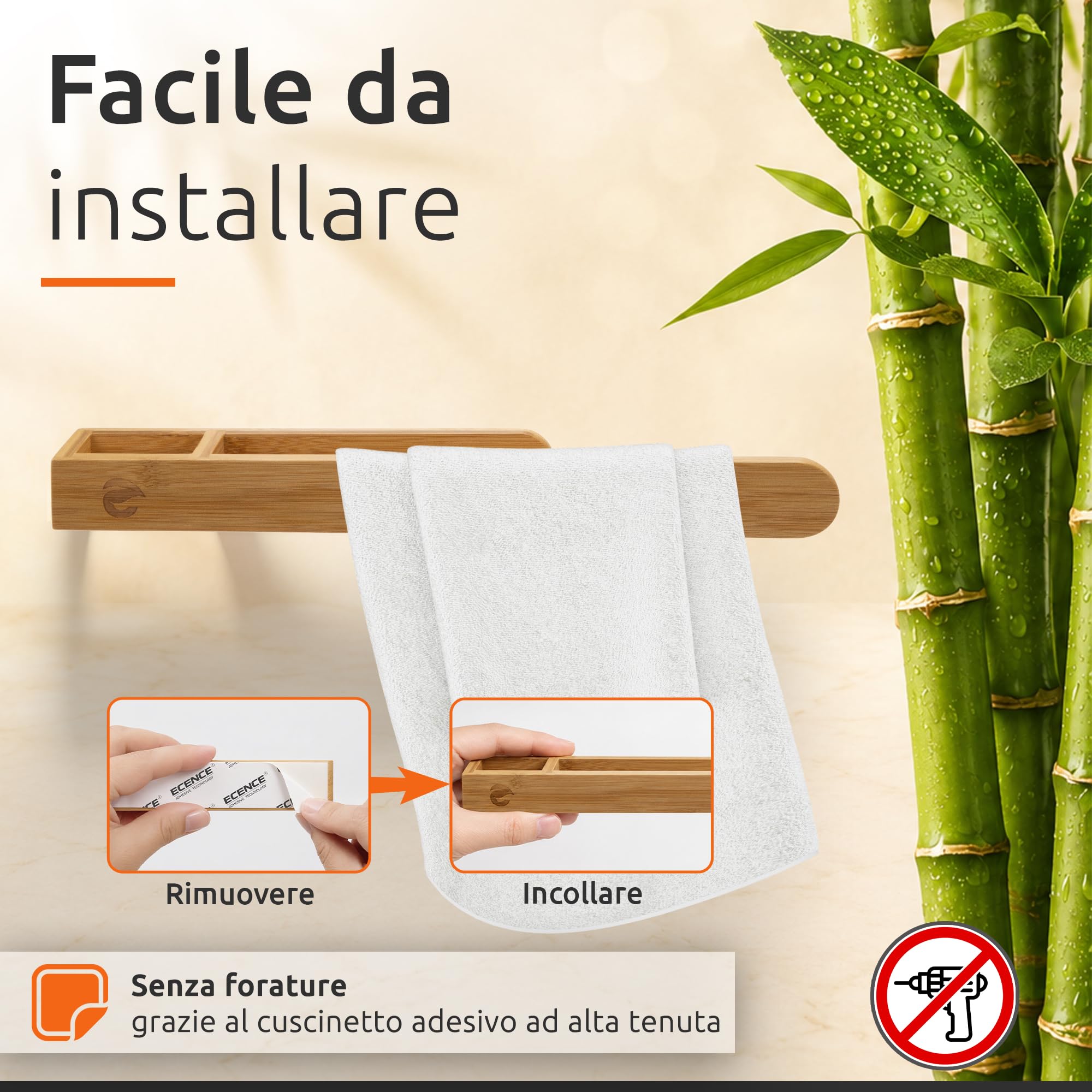 ECENCE Portasciugamani Bambù Adesivo 39 cm Senza Fori