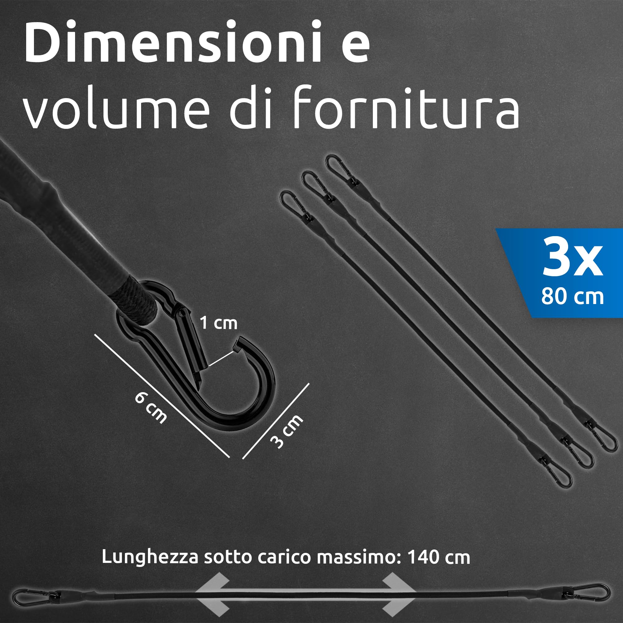 ECENCE Corde elastiche moschettone 80 cm nere 3 pezzi