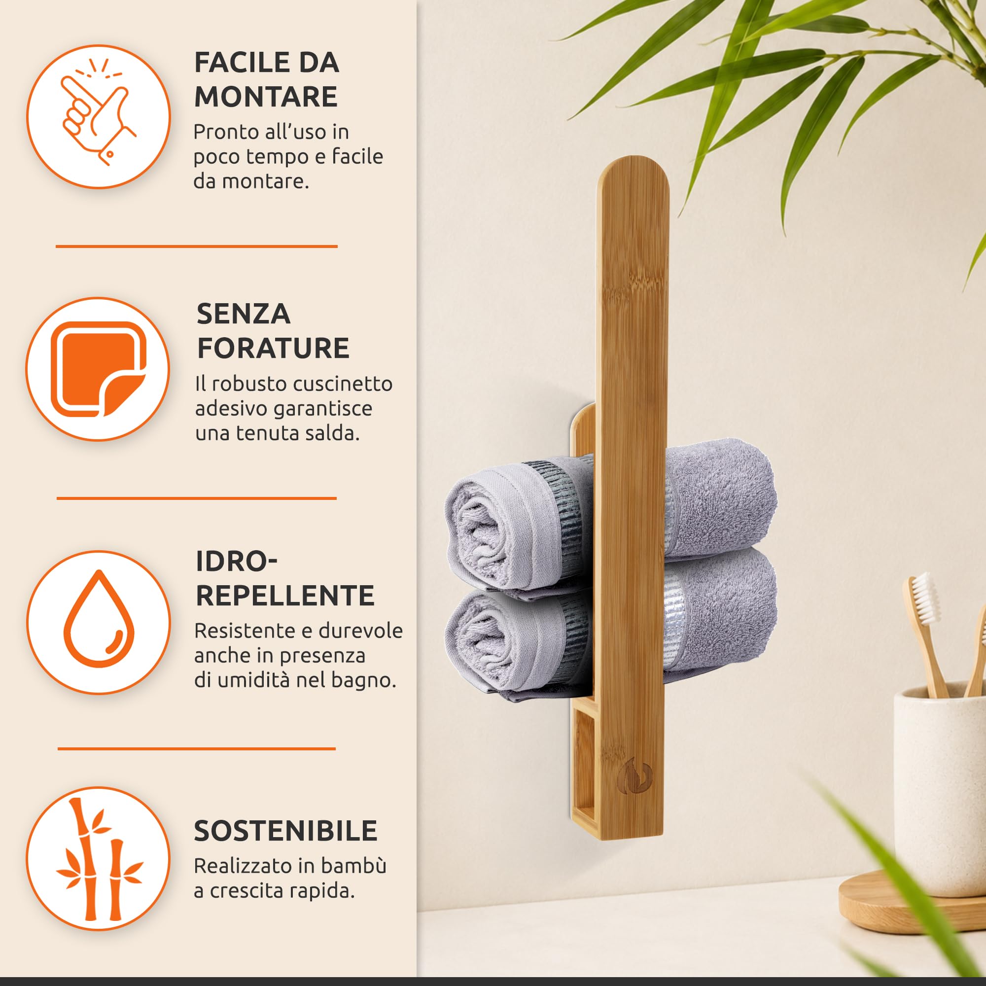 ECENCE Portasciugamani Bambù Adesivo 39 cm Senza Fori