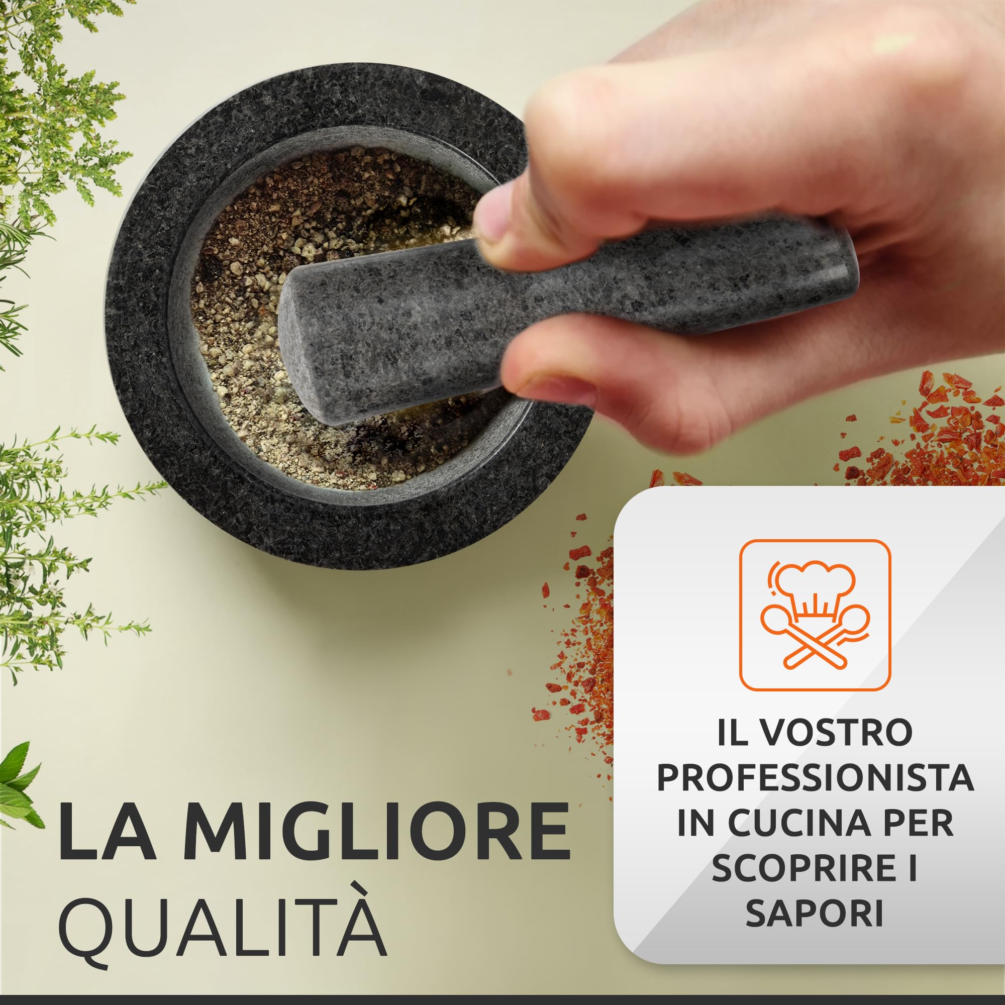 ECENCE Mortaio con Pestello Granito Ø11 cm con Base Legno