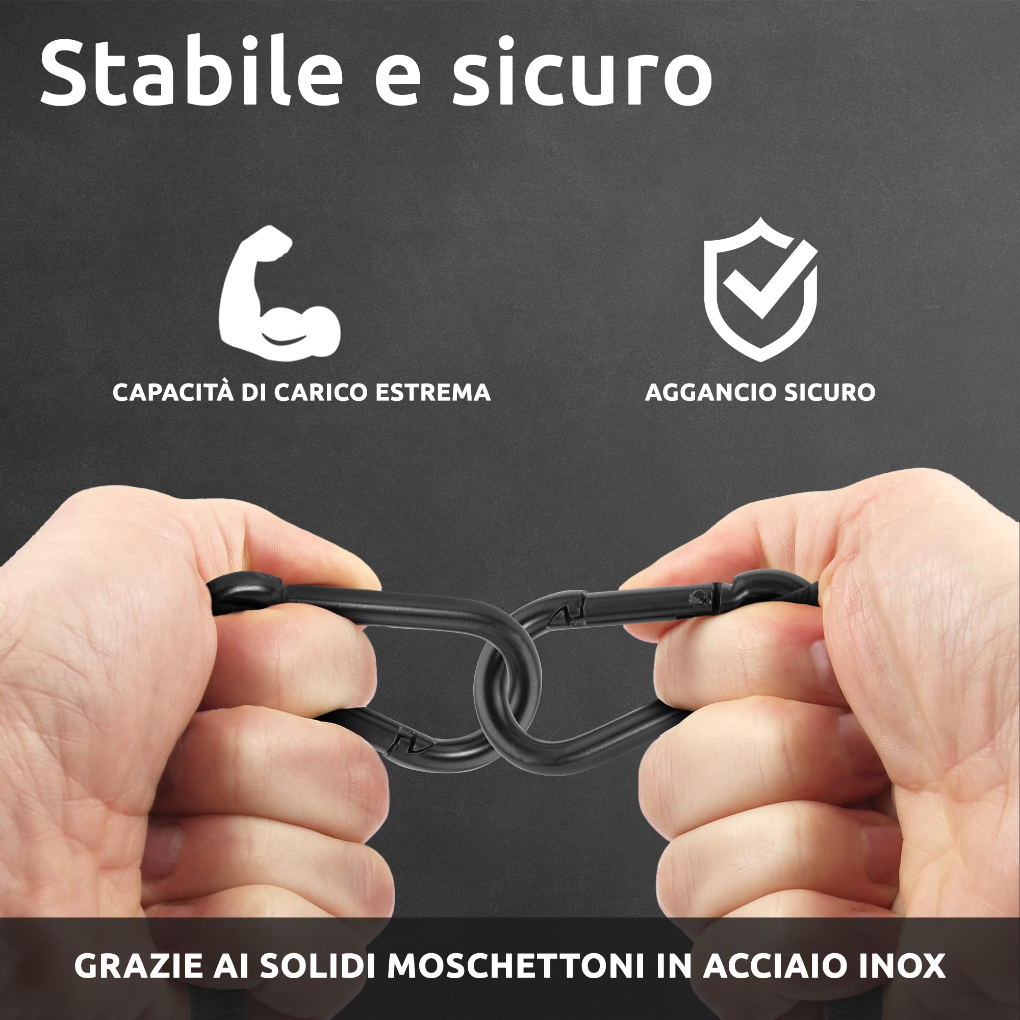 ECENCE Corde elastiche moschettone 80 cm nere 3 pezzi