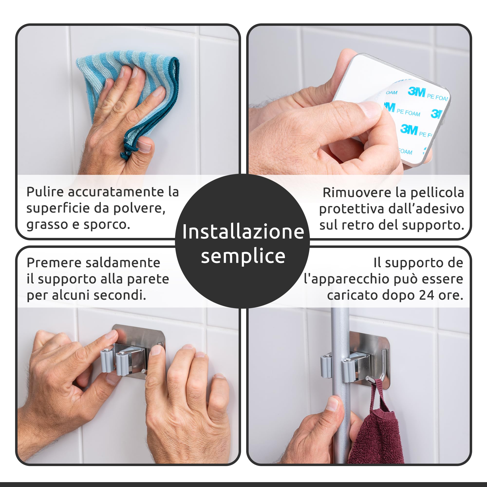 ECENCE Portascope adesivo argento 4 pezzi con ganci