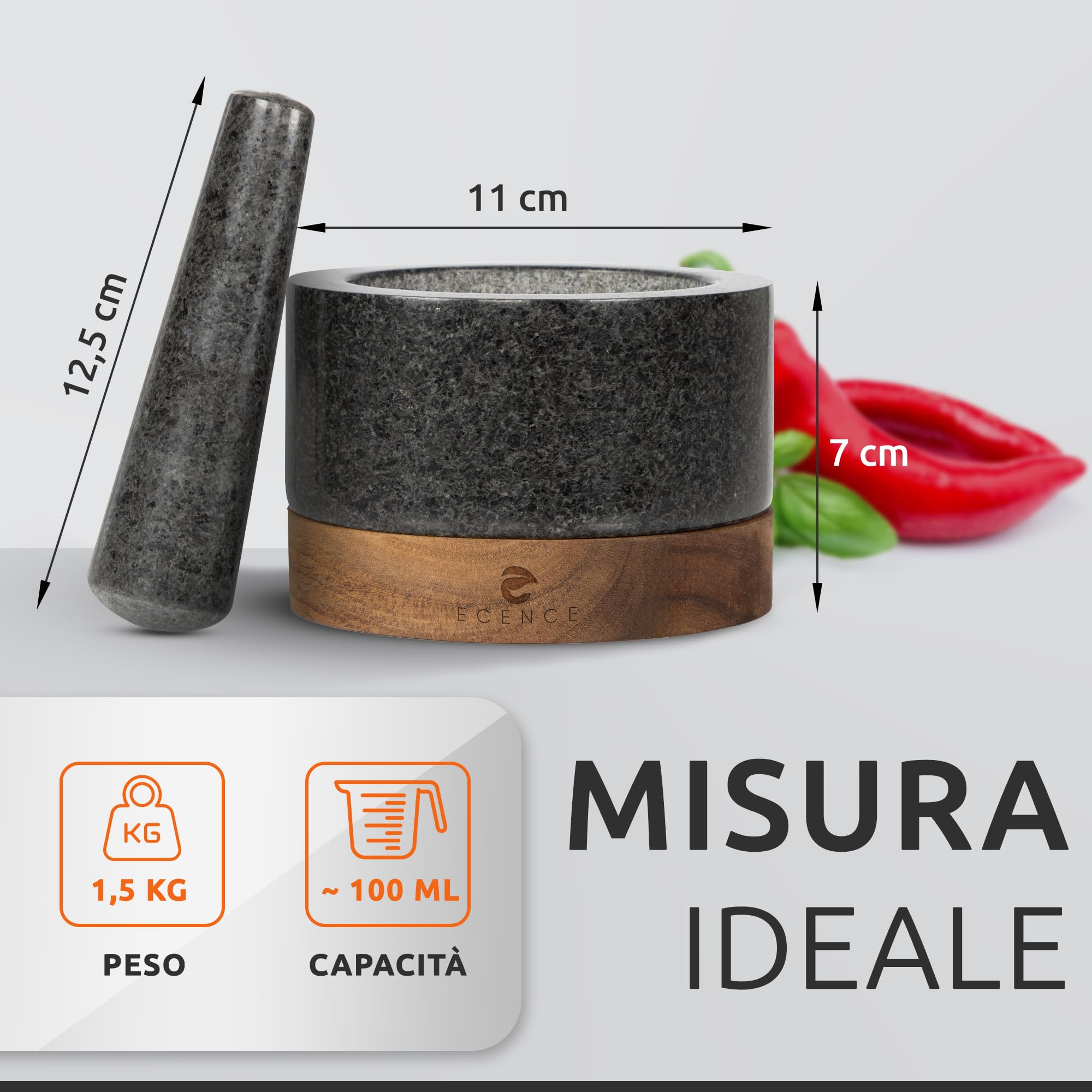 ECENCE Mortaio con Pestello Granito Ø11 cm con Base Legno