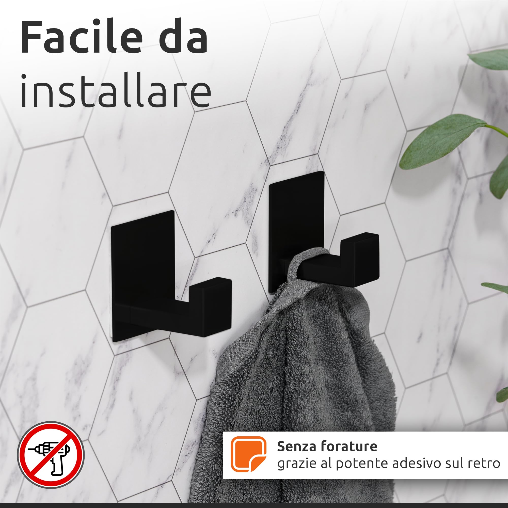 ECENCE Set Bagno Nero Portarotolo + 2 Ganci Adesivi
