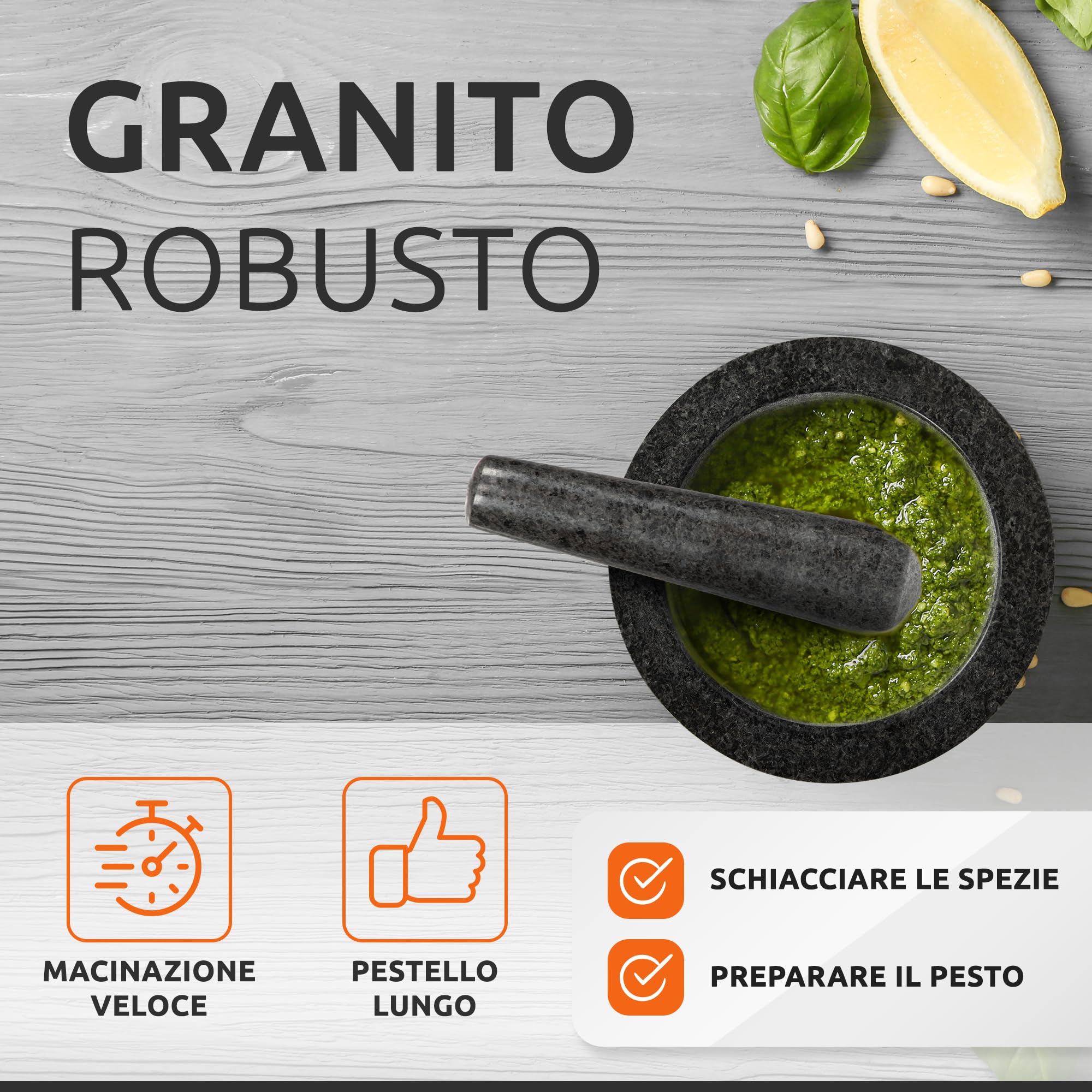 ECENCE Mortaio con Pestello Granito Ø11 cm con Base Legno