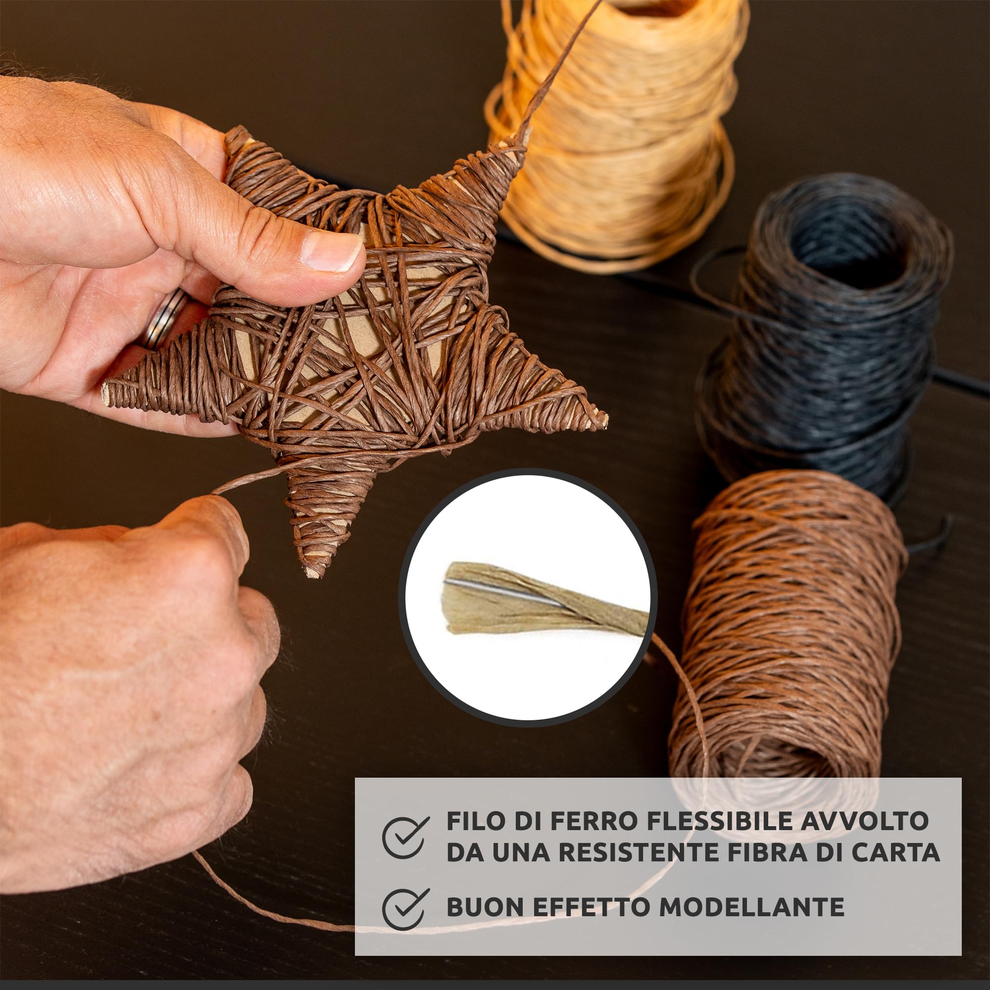 ECENCE Filo di Carta per Piante 3x80m Nero Marrone Beige