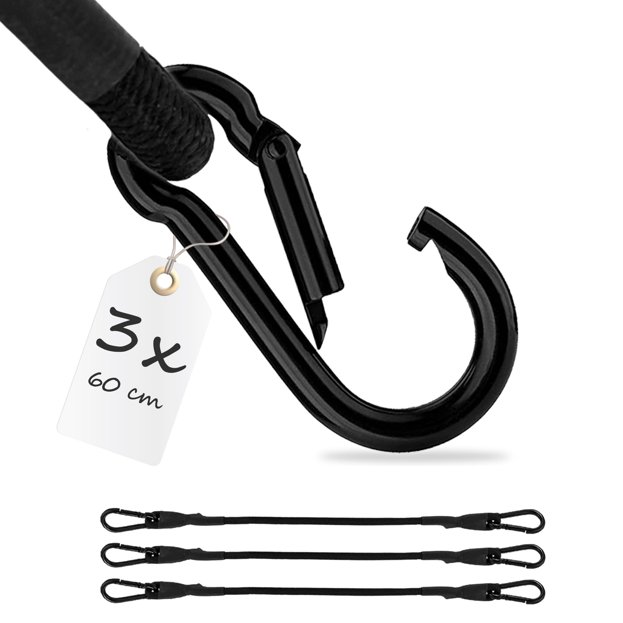 ECENCE Corde elastiche moschettone 80 cm nere 3 pezzi