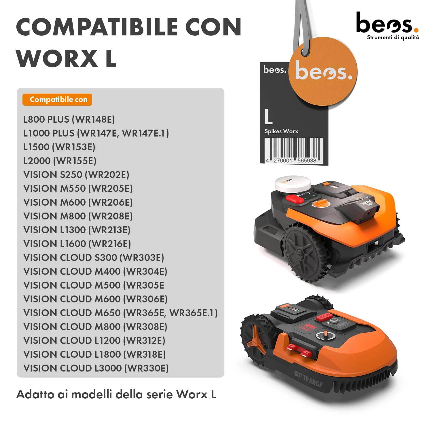 BEOS Punte Acciaio Inox Worx Landroid L Vision Ruote 12pz