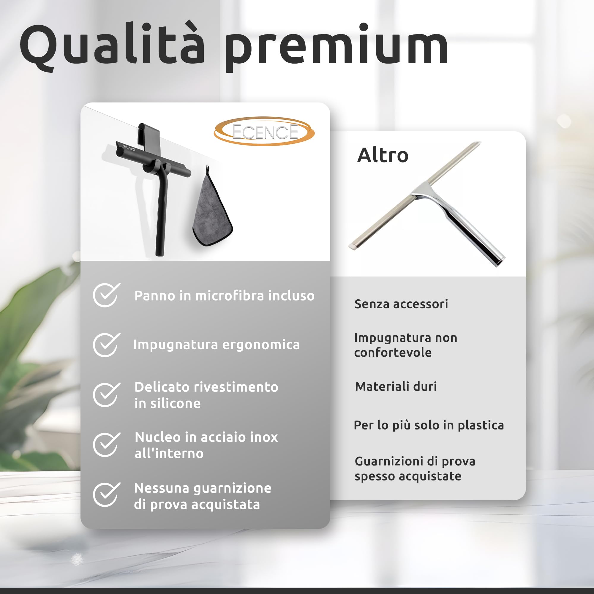 ECENCE Tergivetro Doccia Silicone Nero 21cm con Supporto e Panno