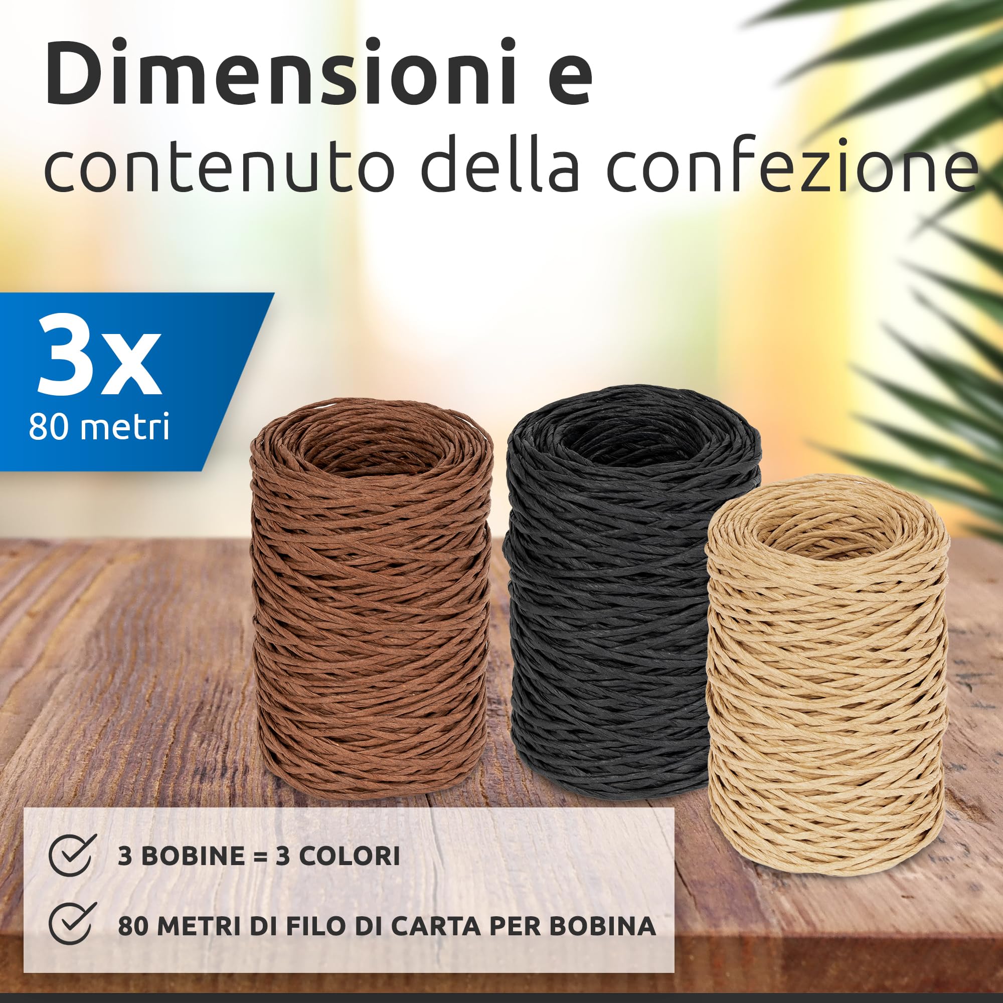 ECENCE Filo di Carta per Piante 3x80m Nero Marrone Beige