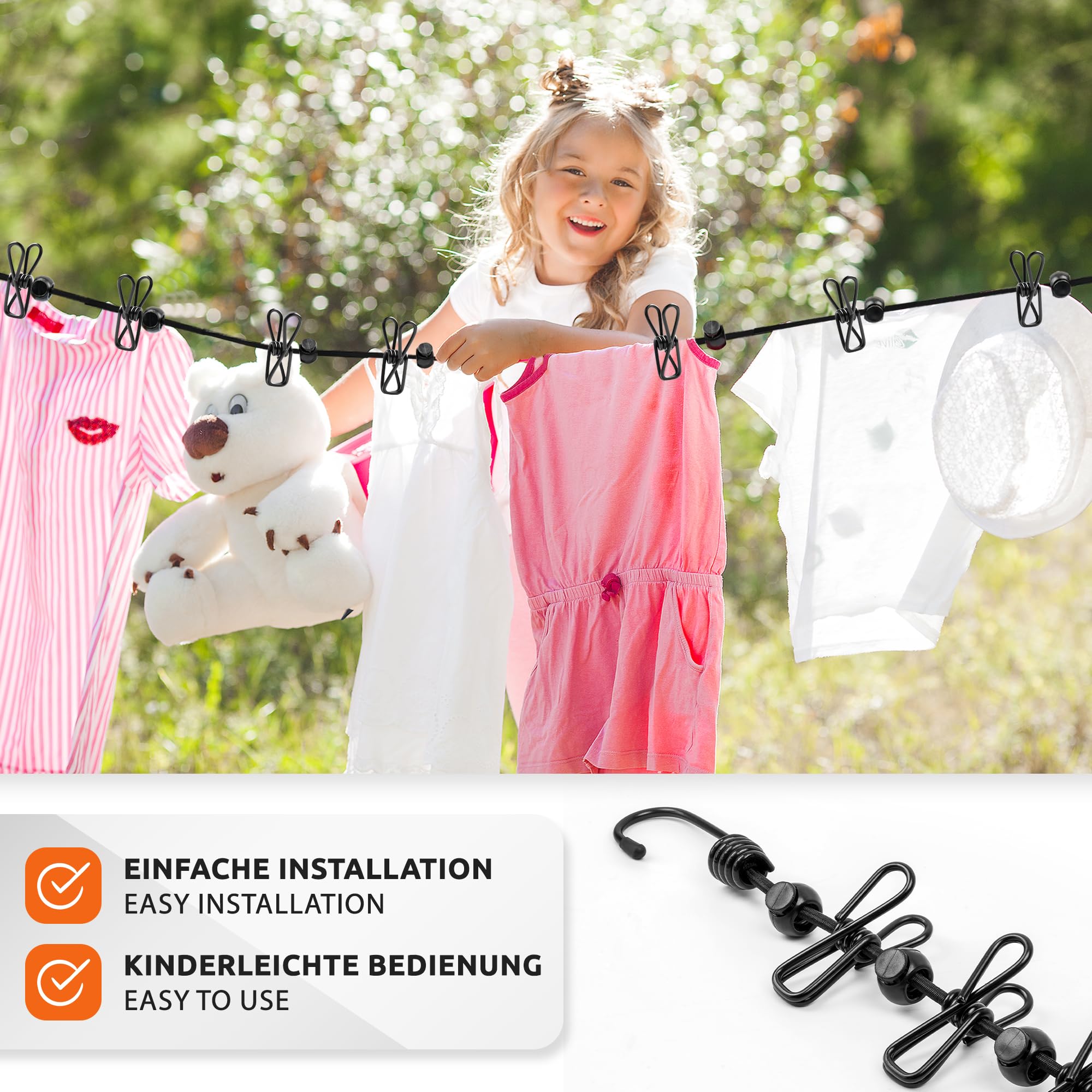 ECENCE Corda Stendibiancheria Viaggio 3m Set 2 Nero Elastica