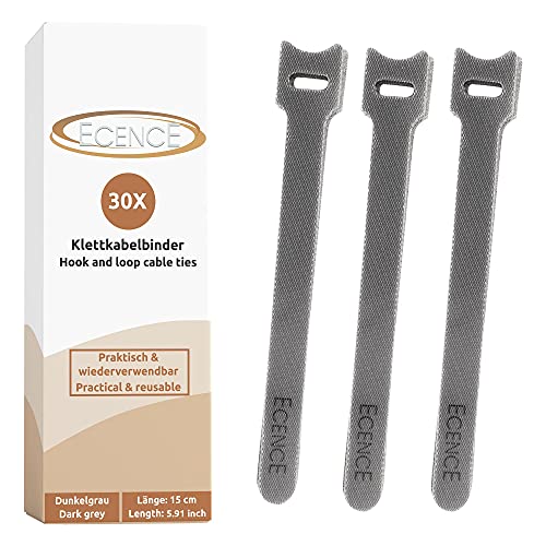 ECENCE Fascette Cavi Velcro Grigie 30 Pezzi 15x1,2 cm
