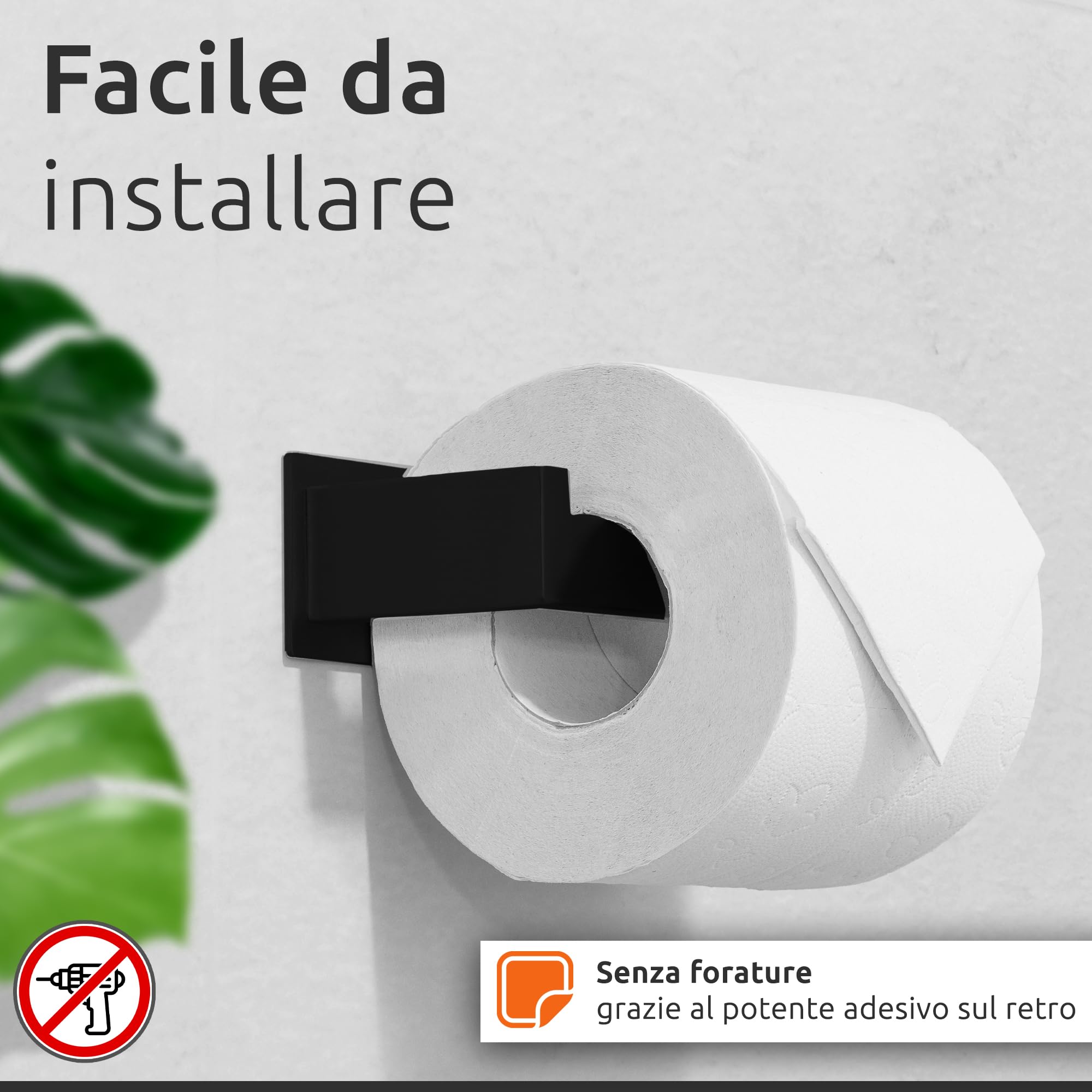 ECENCE Porta Carta Igienica Adesivo Nero Acciaio Inox