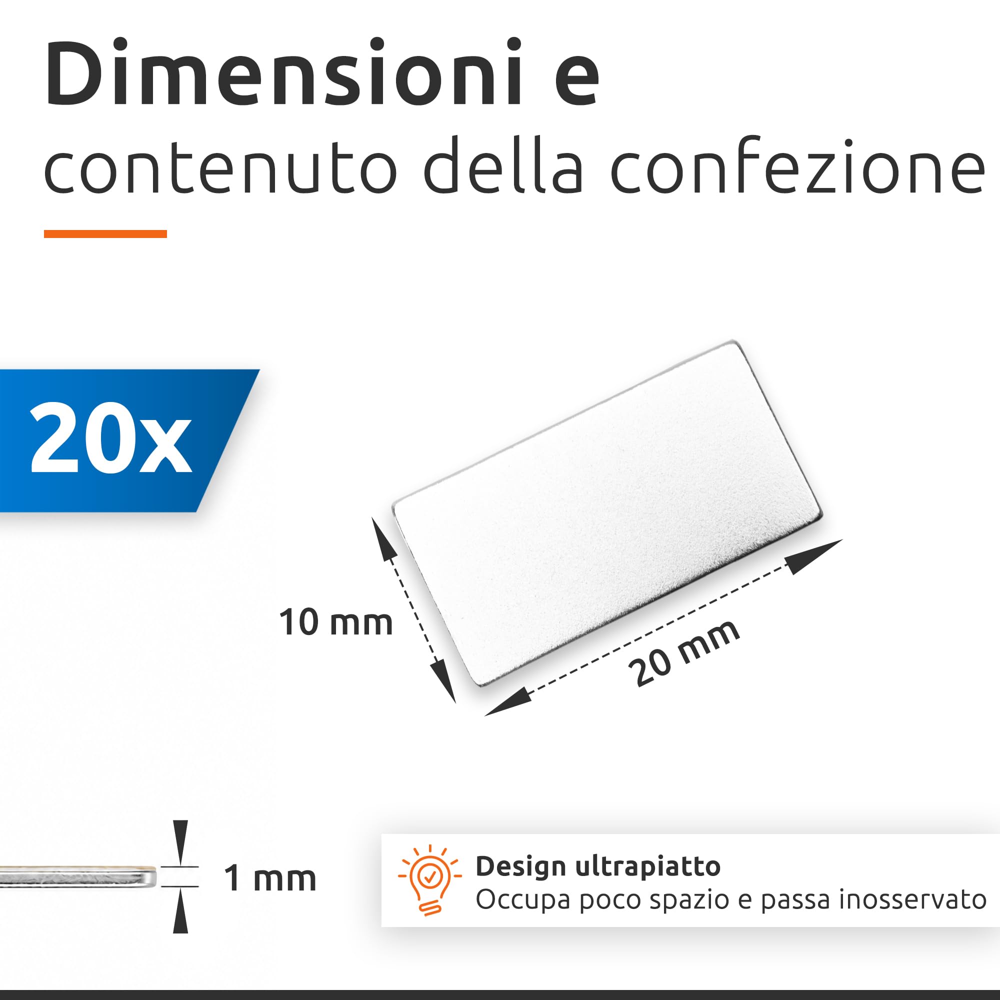 ECENCE Magneti neodimio 20x10x1mm 20 pezzi autoadesivi