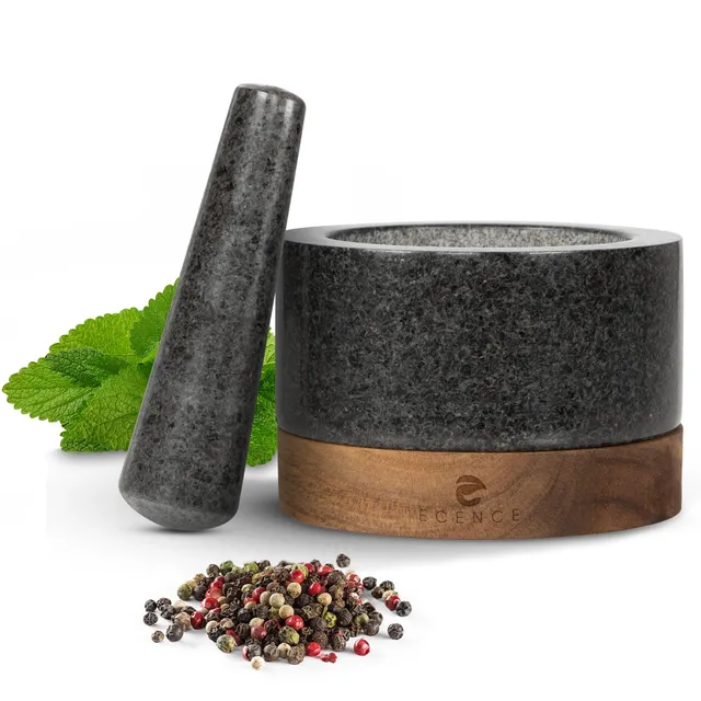 ECENCE Mortaio con Pestello Granito Ø11 cm con Base Legno