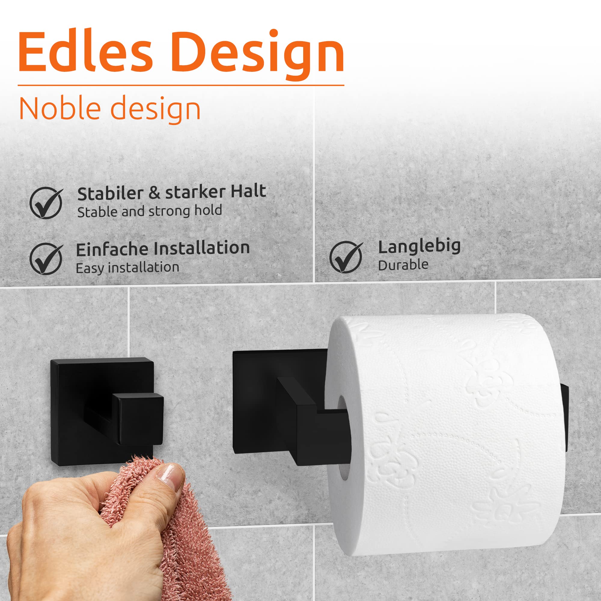 ECENCE Set Bagno Acciaio Nero Gancio Porta Rotolo