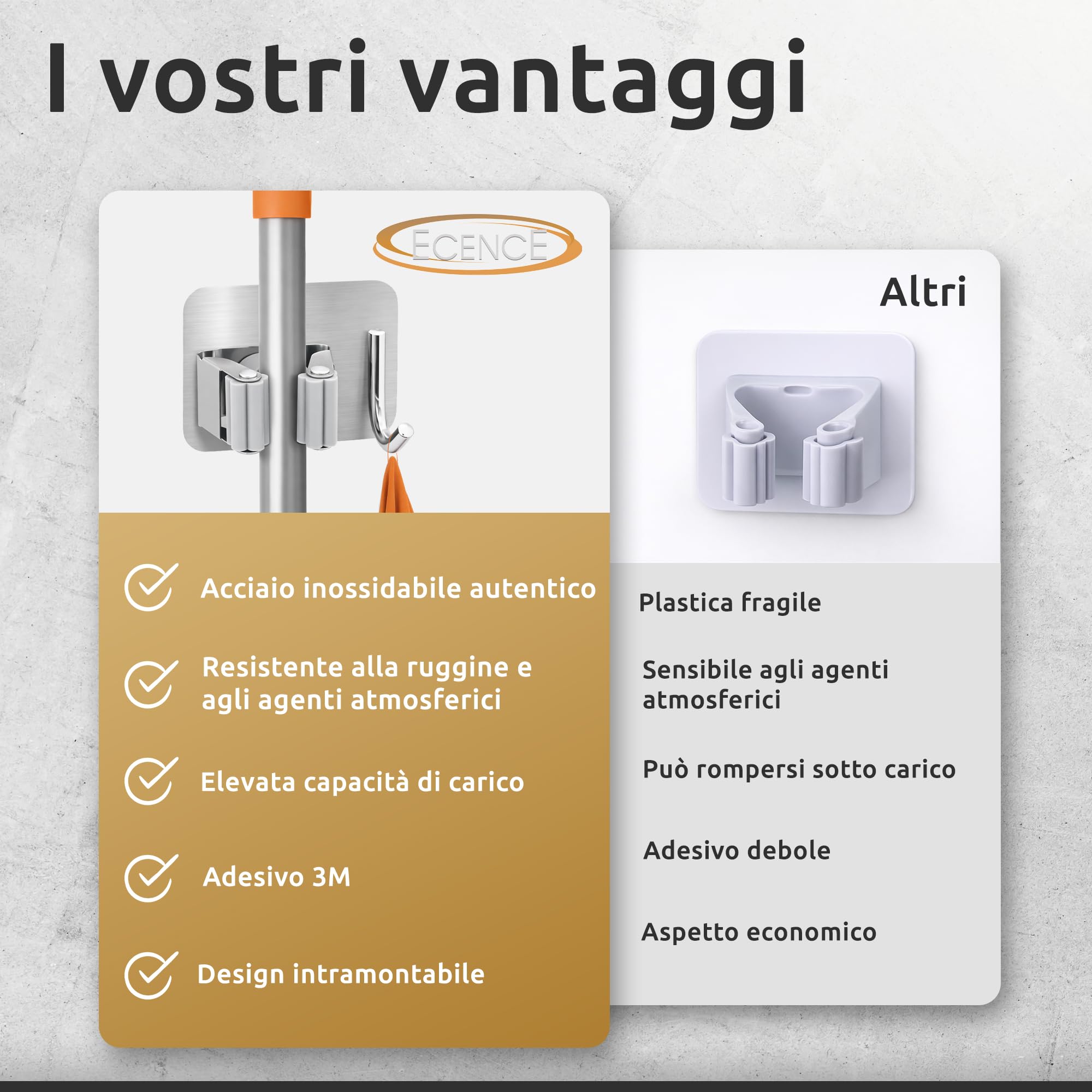 ECENCE Portascope adesivo argento 4 pezzi con ganci