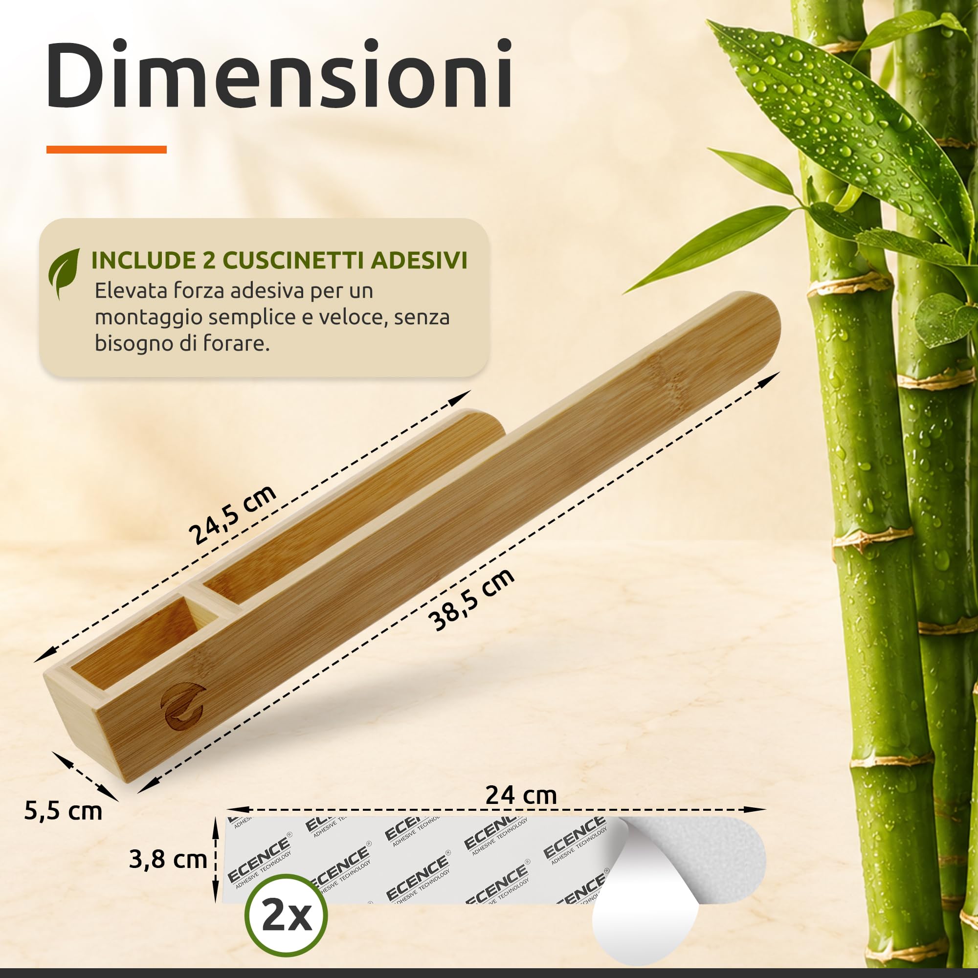 ECENCE Portasciugamani Bambù Adesivo 39 cm Senza Fori