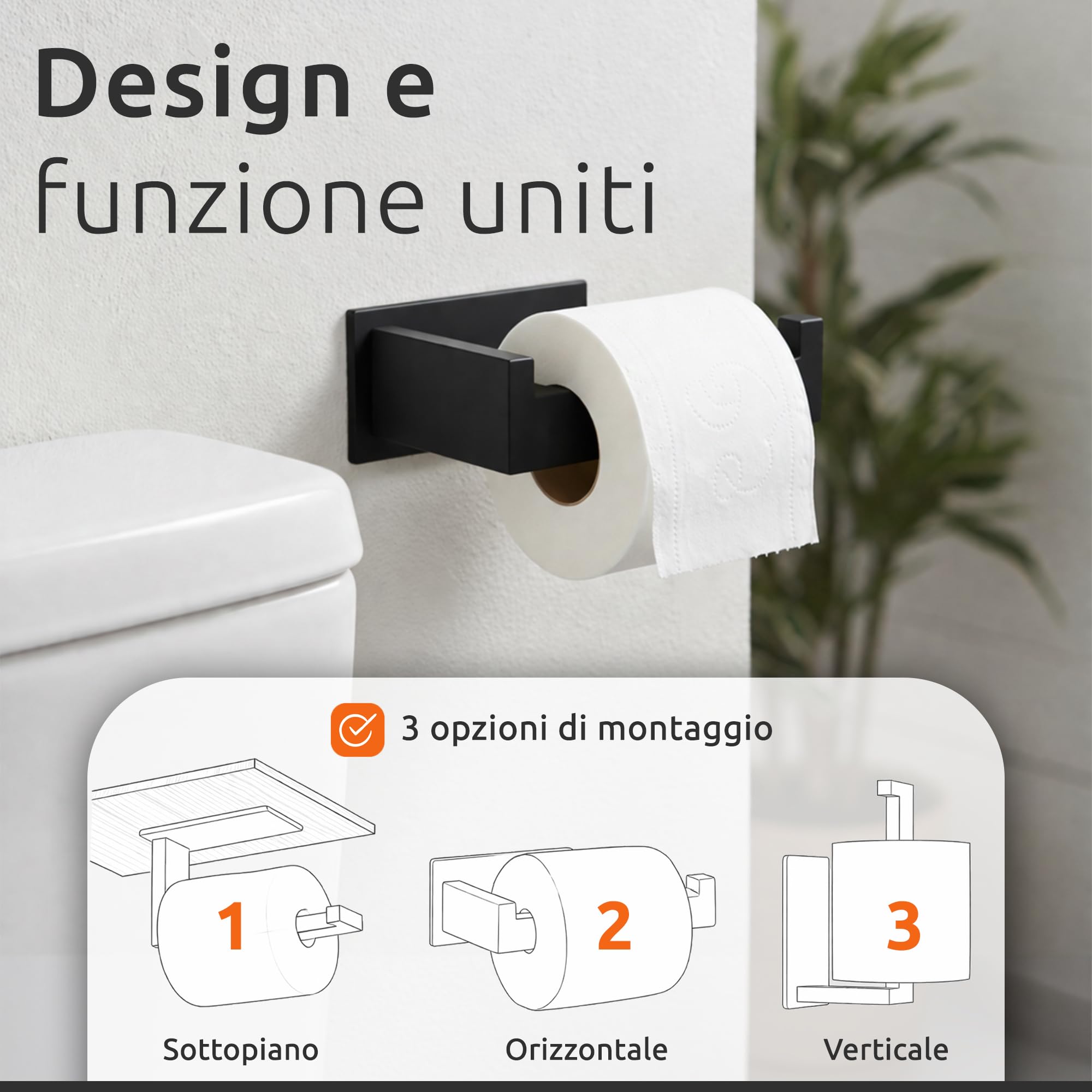 ECENCE Porta Carta Igienica Adesivo Nero Acciaio Inox
