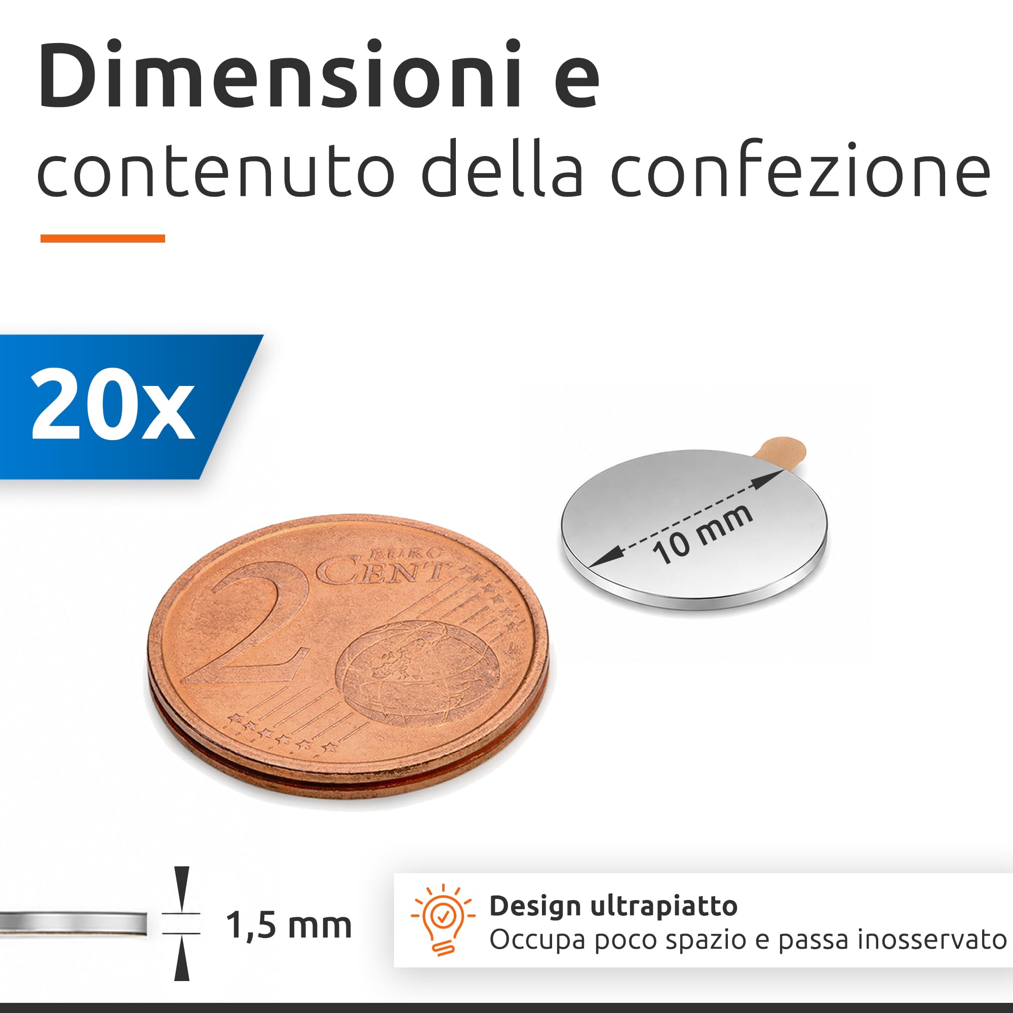 ECENCE Magneti neodimio tondi 10x1,5mm 20 pezzi autoadesivi