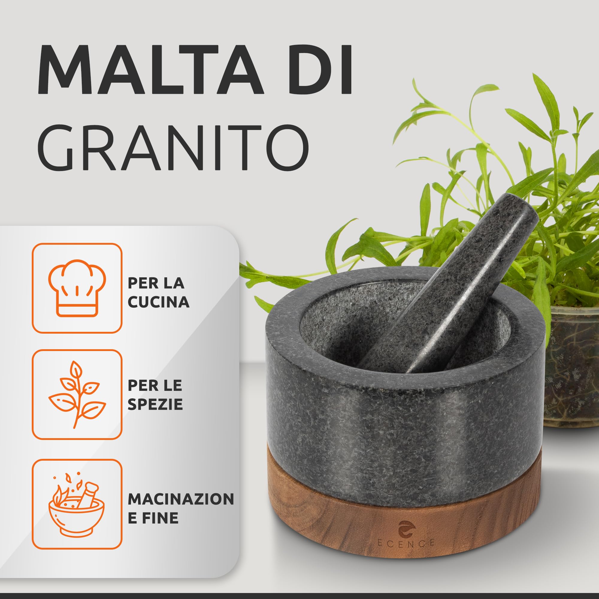 ECENCE Mortaio con Pestello Granito Ø11 cm con Base Legno