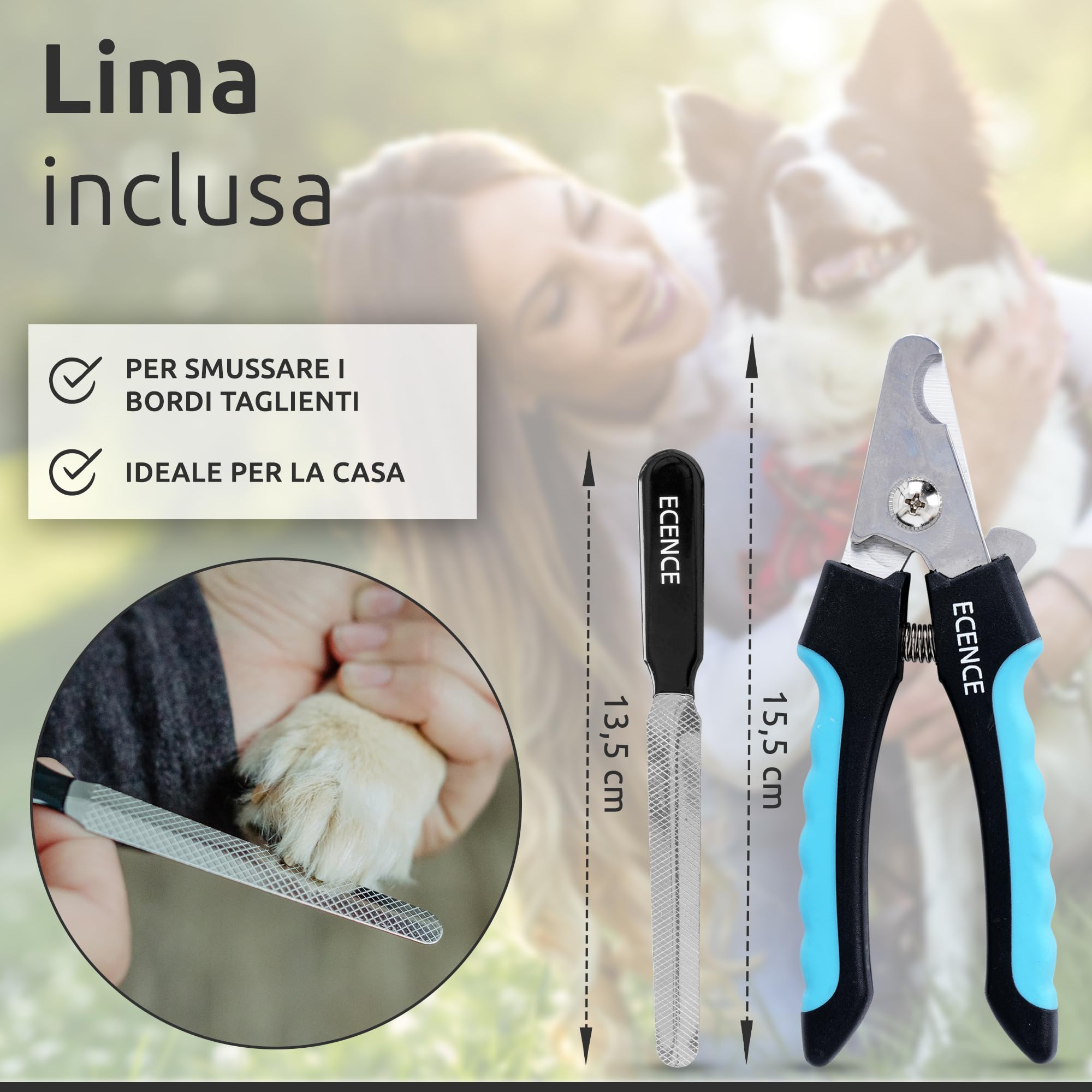 ECENCE Tagliaunghie Cani Gatti Acciaio Inox con Lima Sicurezza