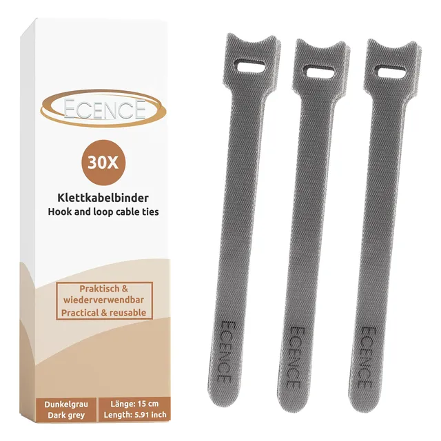 ECENCE Fascette Cavi Velcro Grigie 30 Pezzi 15x1,2 cm