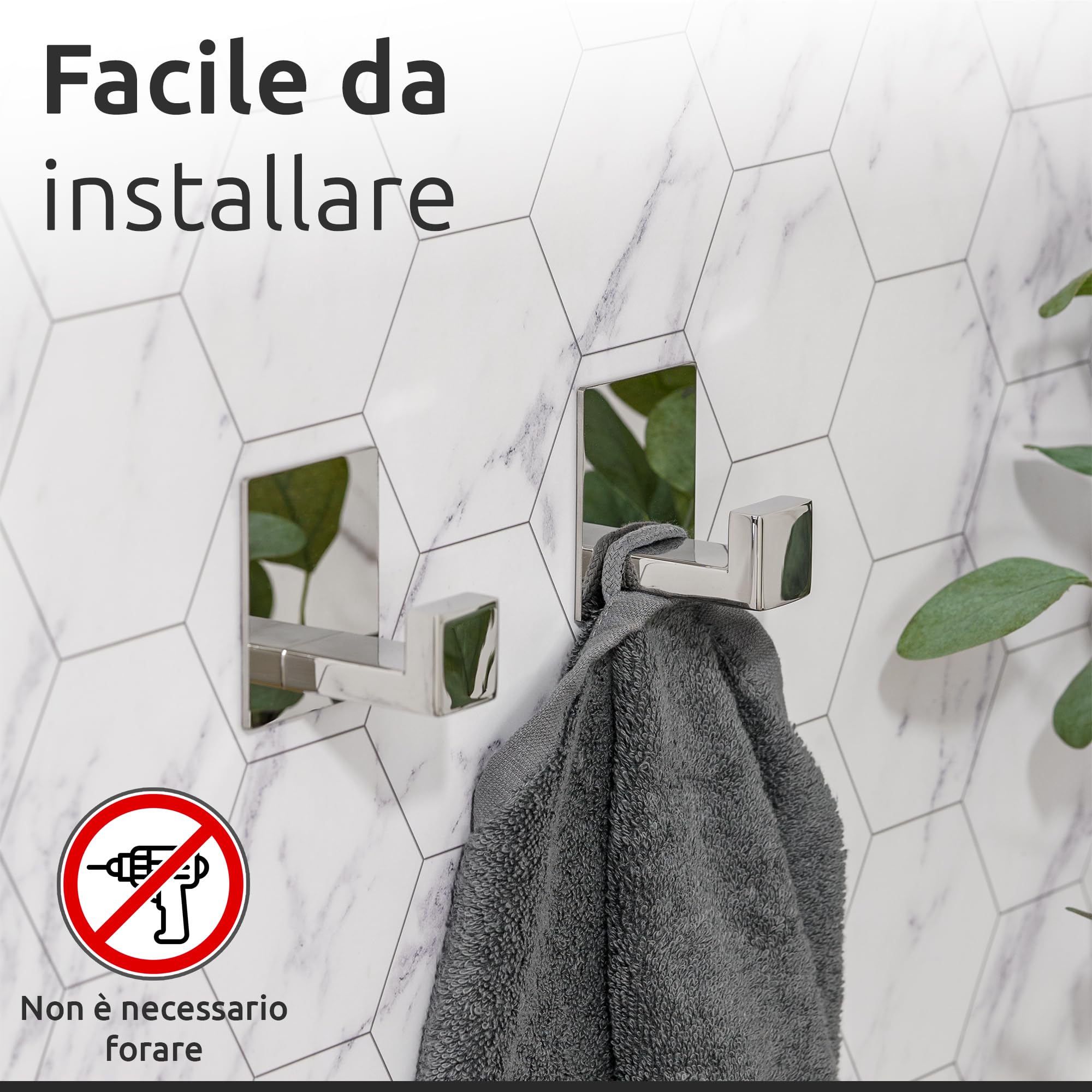 ECENCE Ganci Adesivi Acciaio Inox Cromo 2 Pezzi Antiruggine
