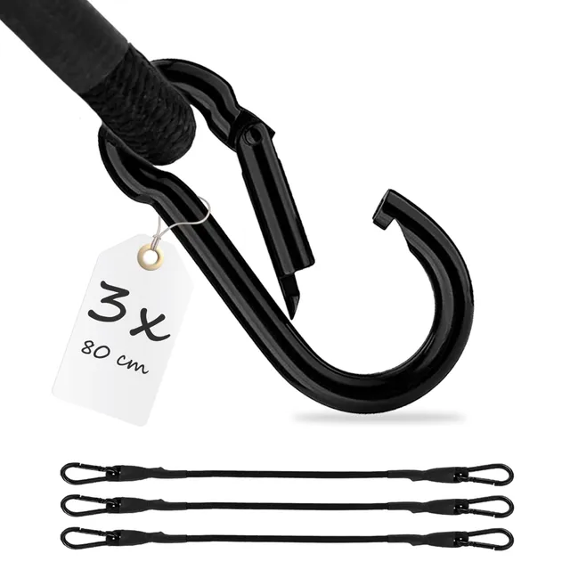 ECENCE Corde elastiche moschettone 80 cm nere 3 pezzi