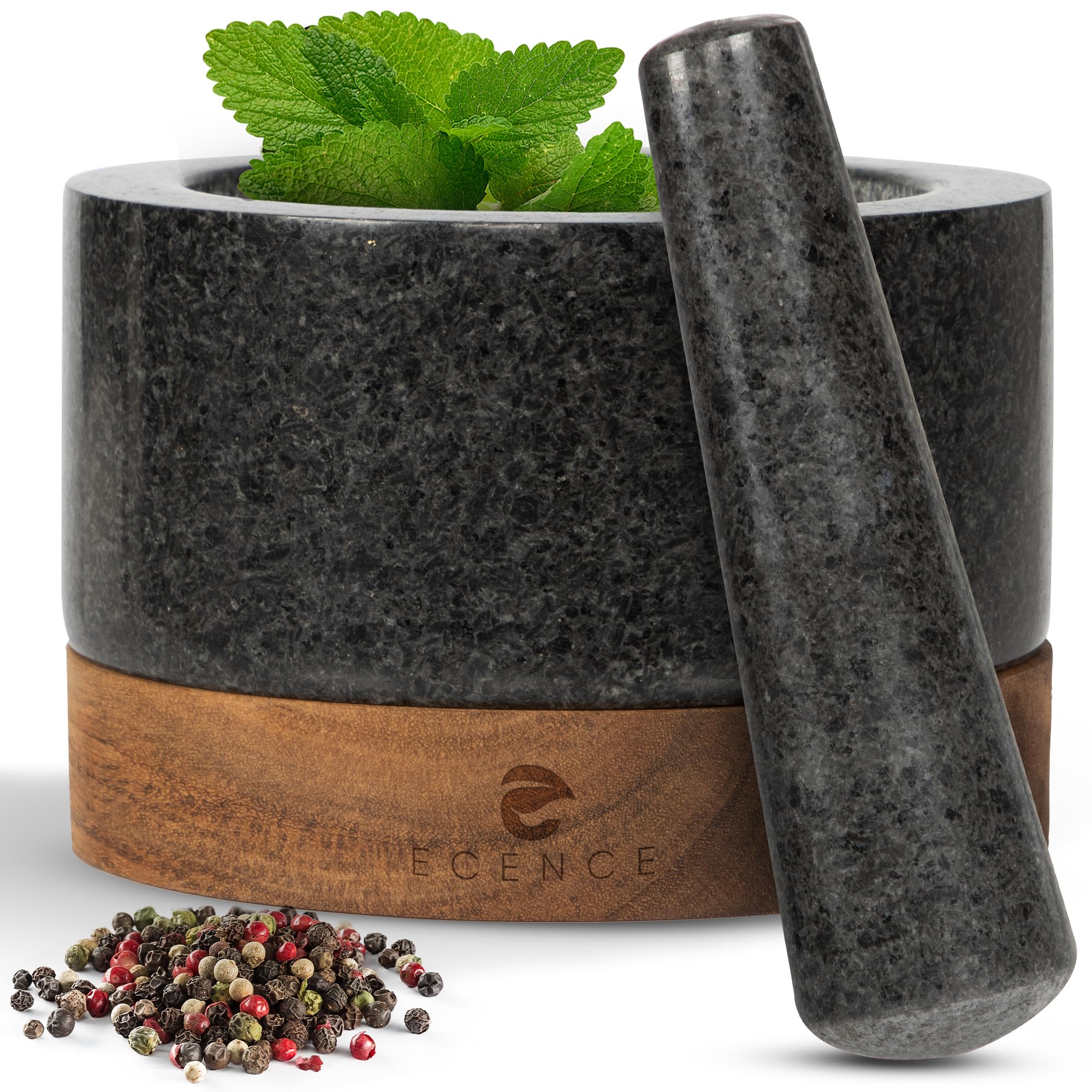 ECENCE Mortaio con Pestello Granito Ø11 cm con Base Legno