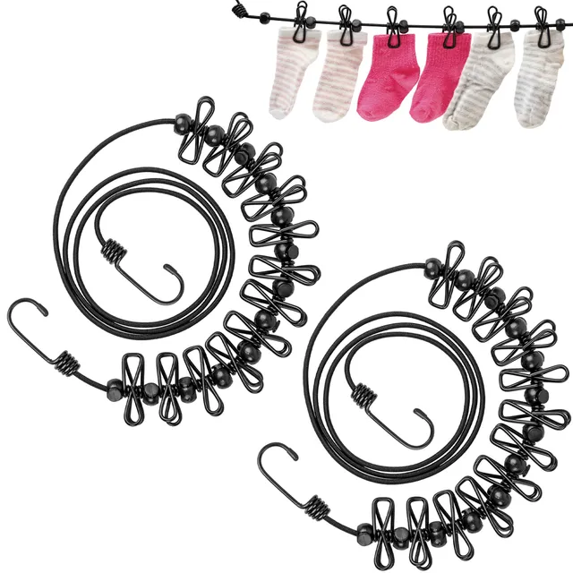 ECENCE Corda Stendibiancheria Viaggio 3m Set 2 Nero Elastica
