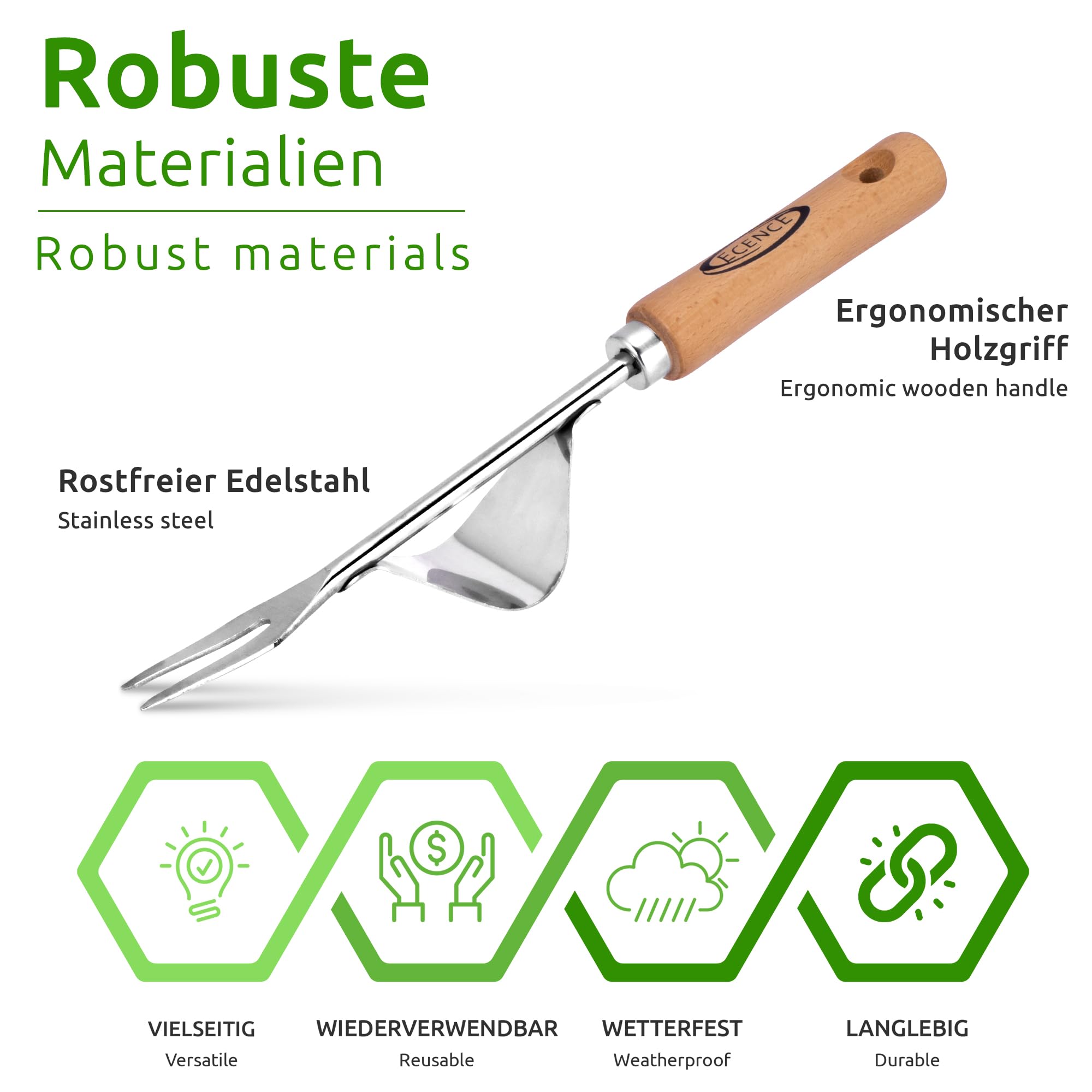 ECENCE Estirpatore erbacce manuale acciaio inox manico legno