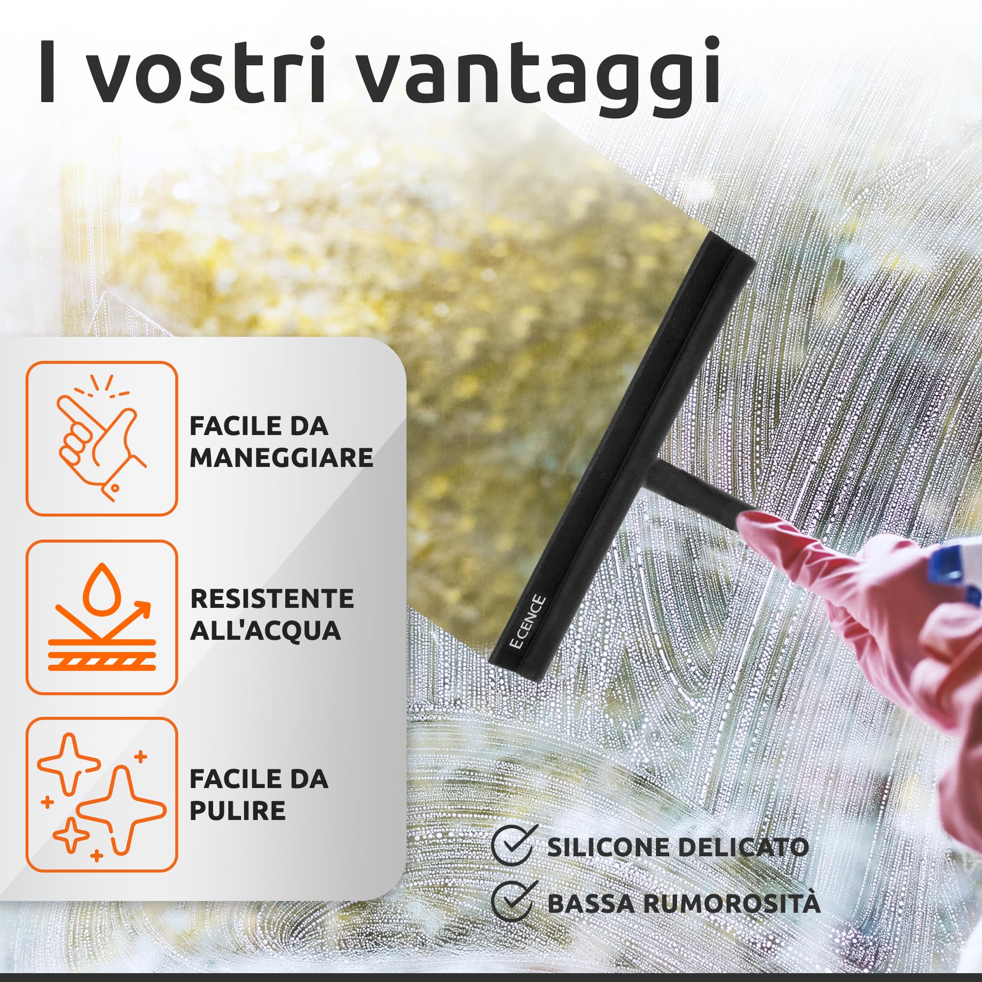 ECENCE Tergivetro Doccia Silicone Nero 21cm con Supporto e Panno